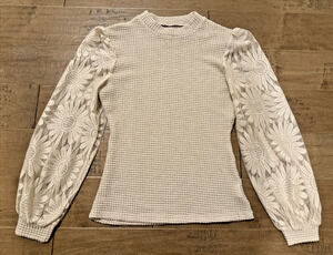 Waffle Knit Top Beige Sunflower Lace Mesh Long Sleeve Crochet Blouse S
